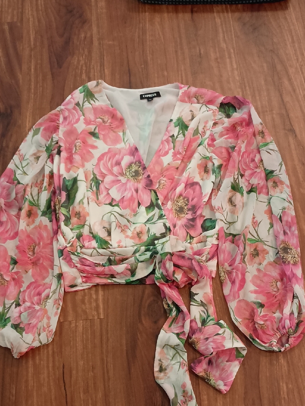 Express Floral Wrap Tie-Front Crop Blouse in Pink and White